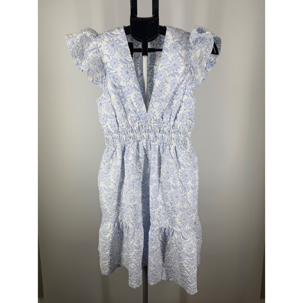 She + Sky Blue White Floral Ruffle Mini Dress Smocked‎ Waist V-Neck Small